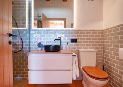 Cuarto de baño con un lavabo negro, inodoro y paredes de azulejo