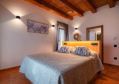 Habitación de estilo rústico con un cuadro a la derecha de la cama. El cabecero de la cama tiene una luz integrada y el techo es de vigas de madera